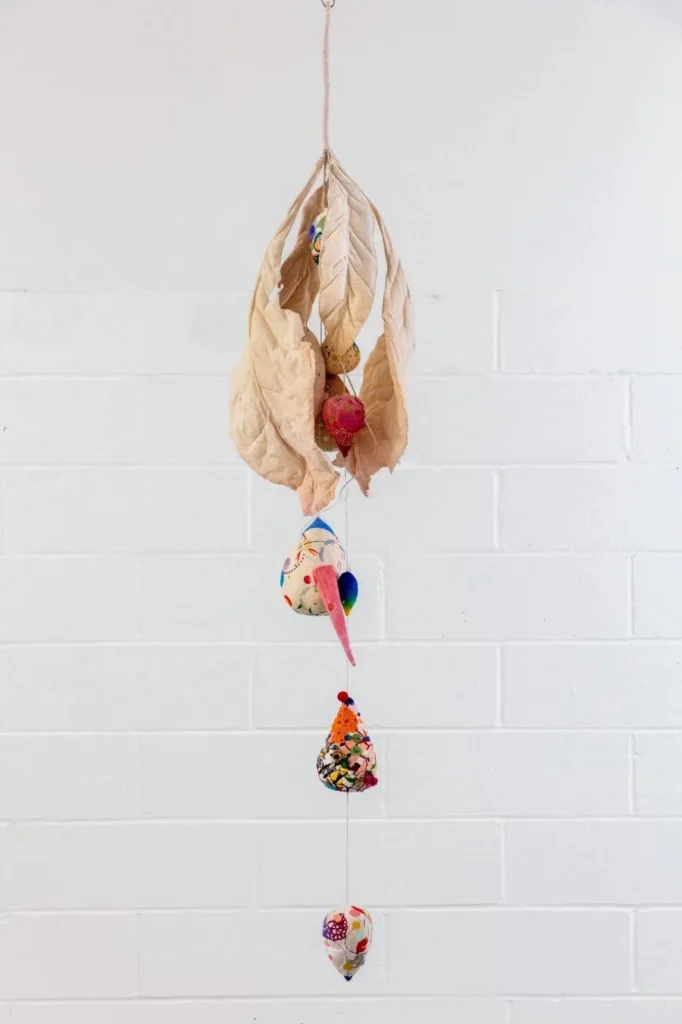 Silia Ka Tung, String of Raindrops, 2024, acrylic, embroidery on canvas, filling and wire, 204 × 40 × 40 cm. Courtesy of the artist and Mandy Zhang Art.
