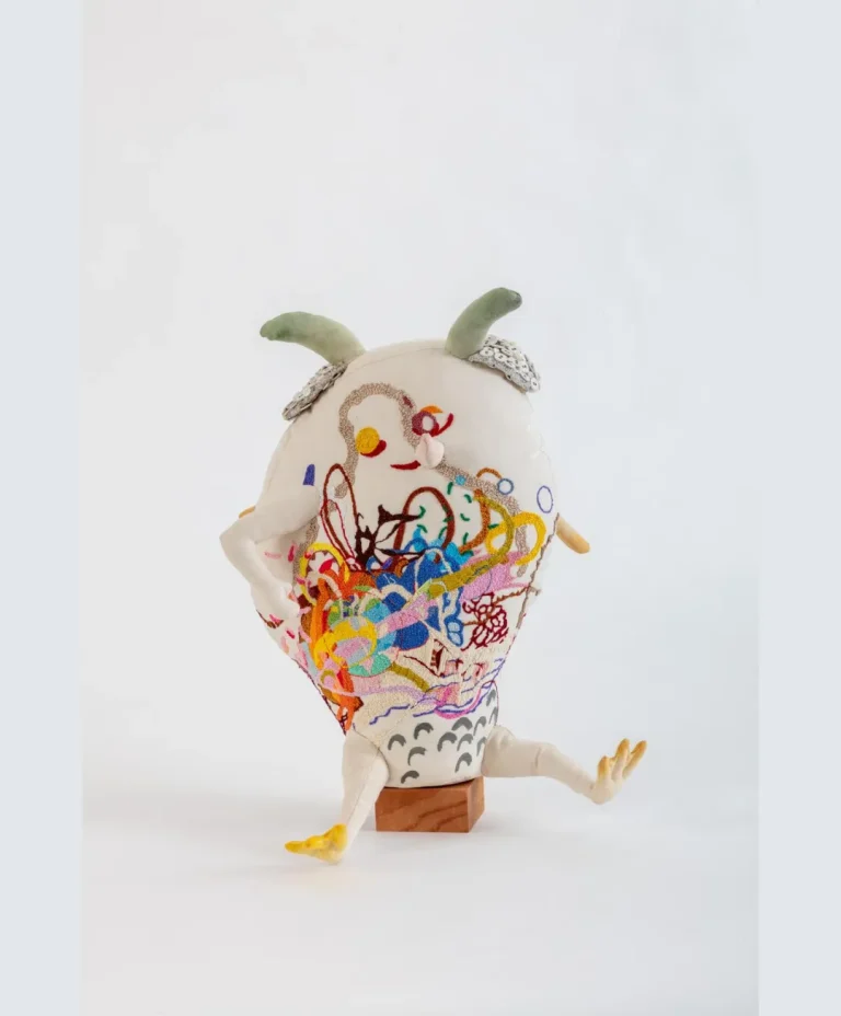 Silia Ka Tung, Boy A, 2023, acrylic and embroidery on canvas, filling, metal and wood, 55 × 50 × 40 cm. Courtesy of the artist and Mandy Zhang Art