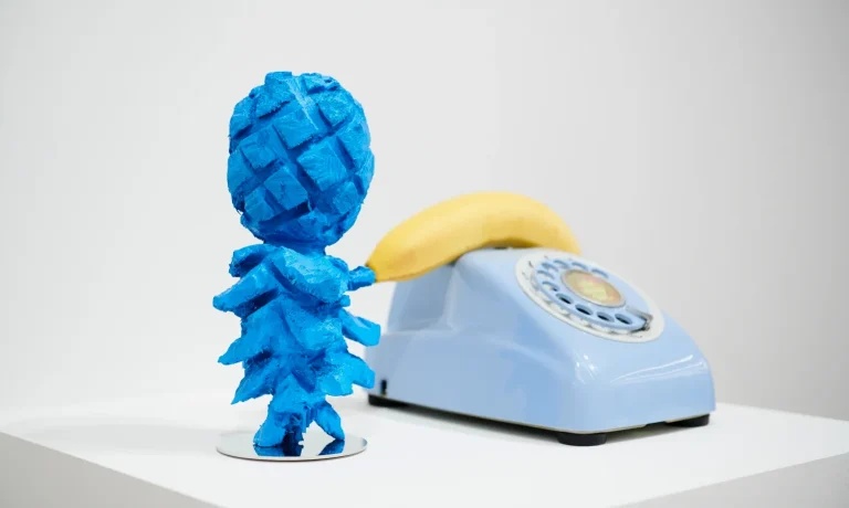 upside down / pineapple, 2020,  Camphor, Paint on sculpture, Stainless, Installation view, “PINEAPPLE,” Mitsukoshi Contemporary Gallery, Tokyo, Japan 2020 © Ryuichi Ohira. Courtesy of the artist and NANZUKA.