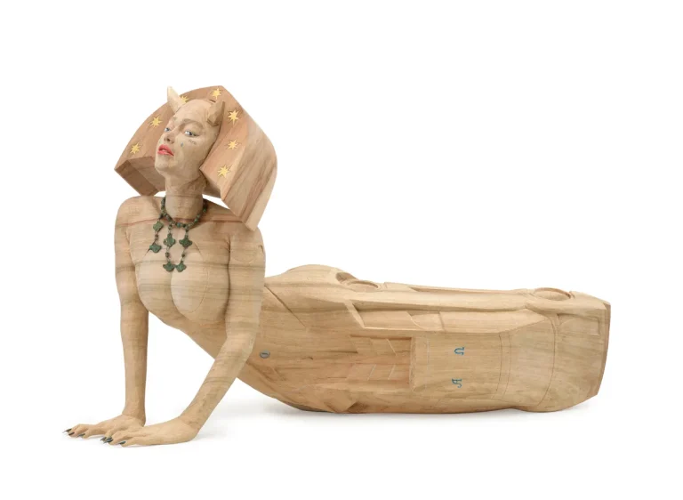 Statue of Miss Diablo, 2021, Camphor, acrylic paint, gold leaf, brass, and Jewel beetle © Ryuichi Ohira. Courtesy of the artist and NANZUKA