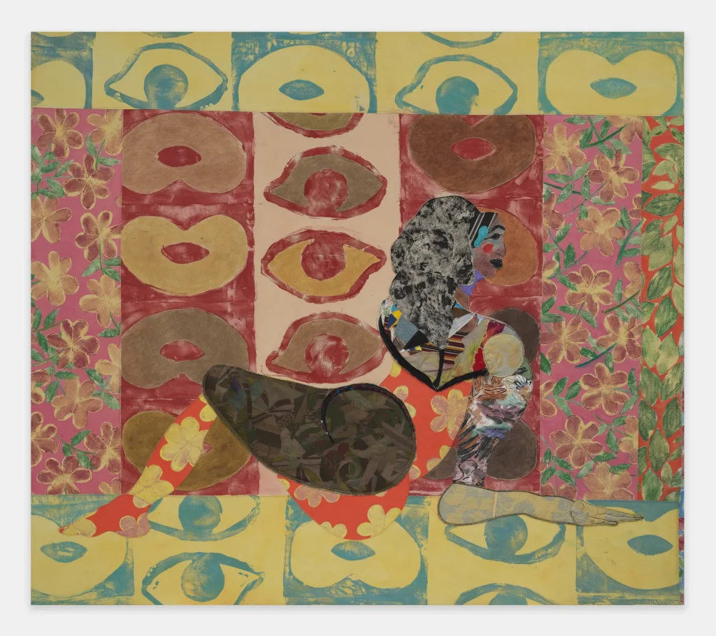 Bold Reclining Nude, 2025 Acrylic paint, fabric, thread, colored pencil, painted canvas on canvas 88 ½” x 100 x 1 ½”