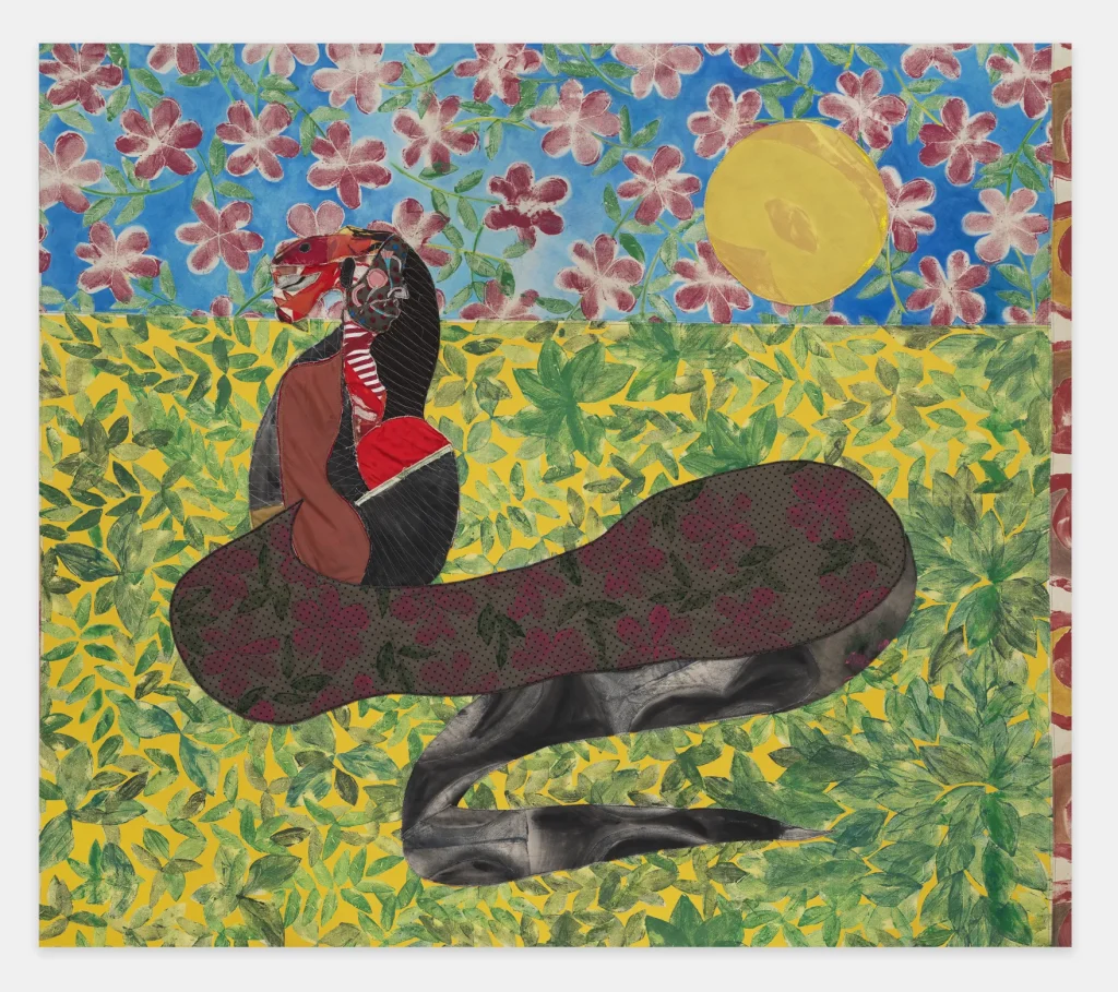 Snake, 2025 Acrylic paint, fabric, thread, colored pencil, painted canvas on canvas 84” x 96” x 1 ½”