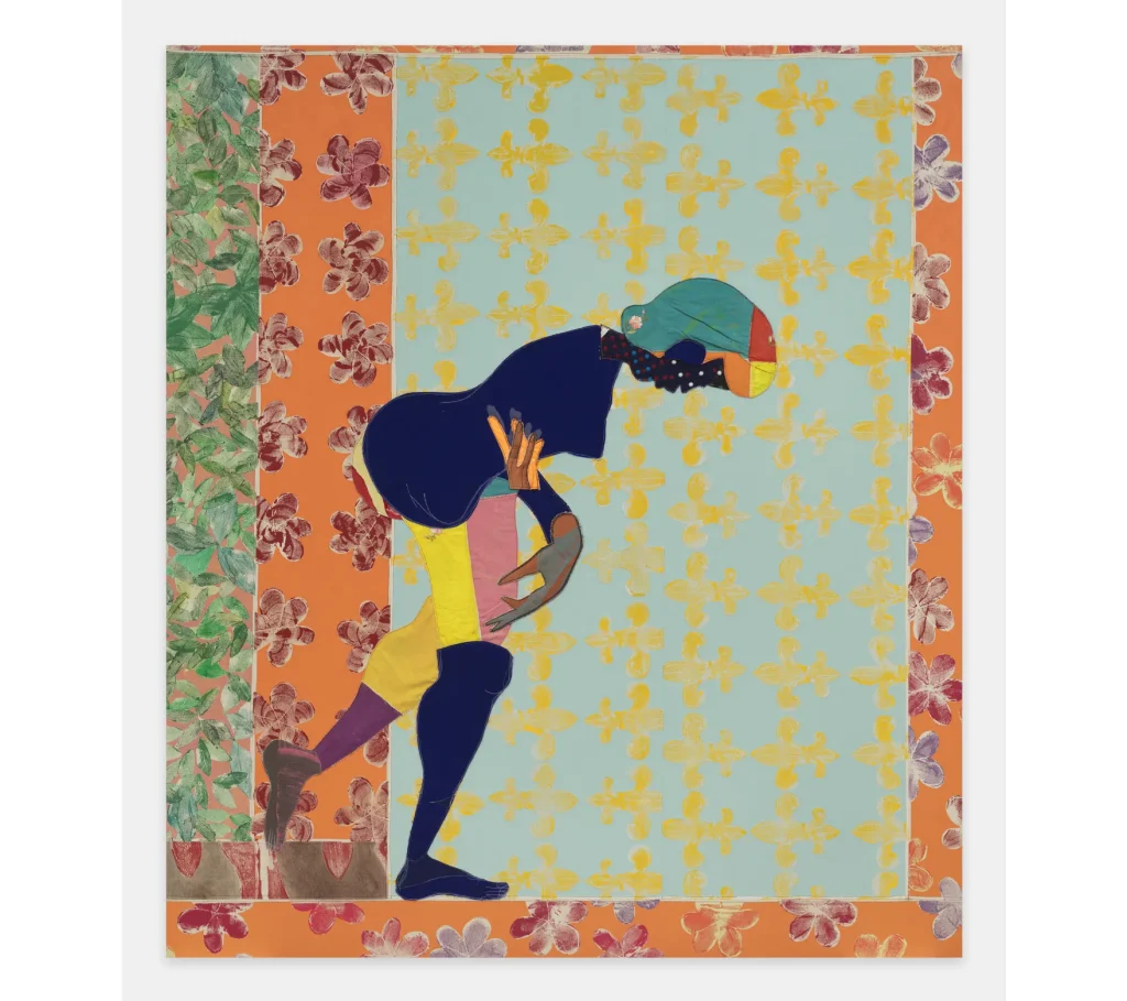 Submission, 2025 Acrylic paint, fabric, thread, colored pencil, painted canvas on canvas 96” x 84” x 1 ½”