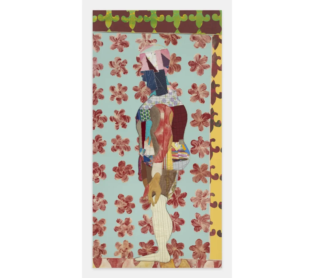 Humility, 2025 Acrylic paint, fabric, thread, colored pencil, painted canvas on canvas 96” x 48” x 1 ½”