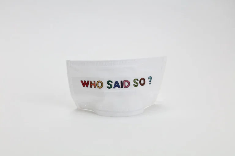 WHO SAID SO?, 2020, Embroidery on mask, 9.5 × 17 cm © AOYAMA Satoru, Courtesy of Mizuma Art Gallery, Photography by MIYAJIMA Kei