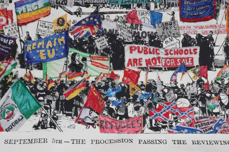News From Nowhere (Labour Day) [detail], 2019, Embroidery and drawing on silkscreen print 100 × 140 cm, Private collection © AOYAMA Satoru, Courtesy of Mizuma Art Gallery, Photography by MIYAJIMA Kei