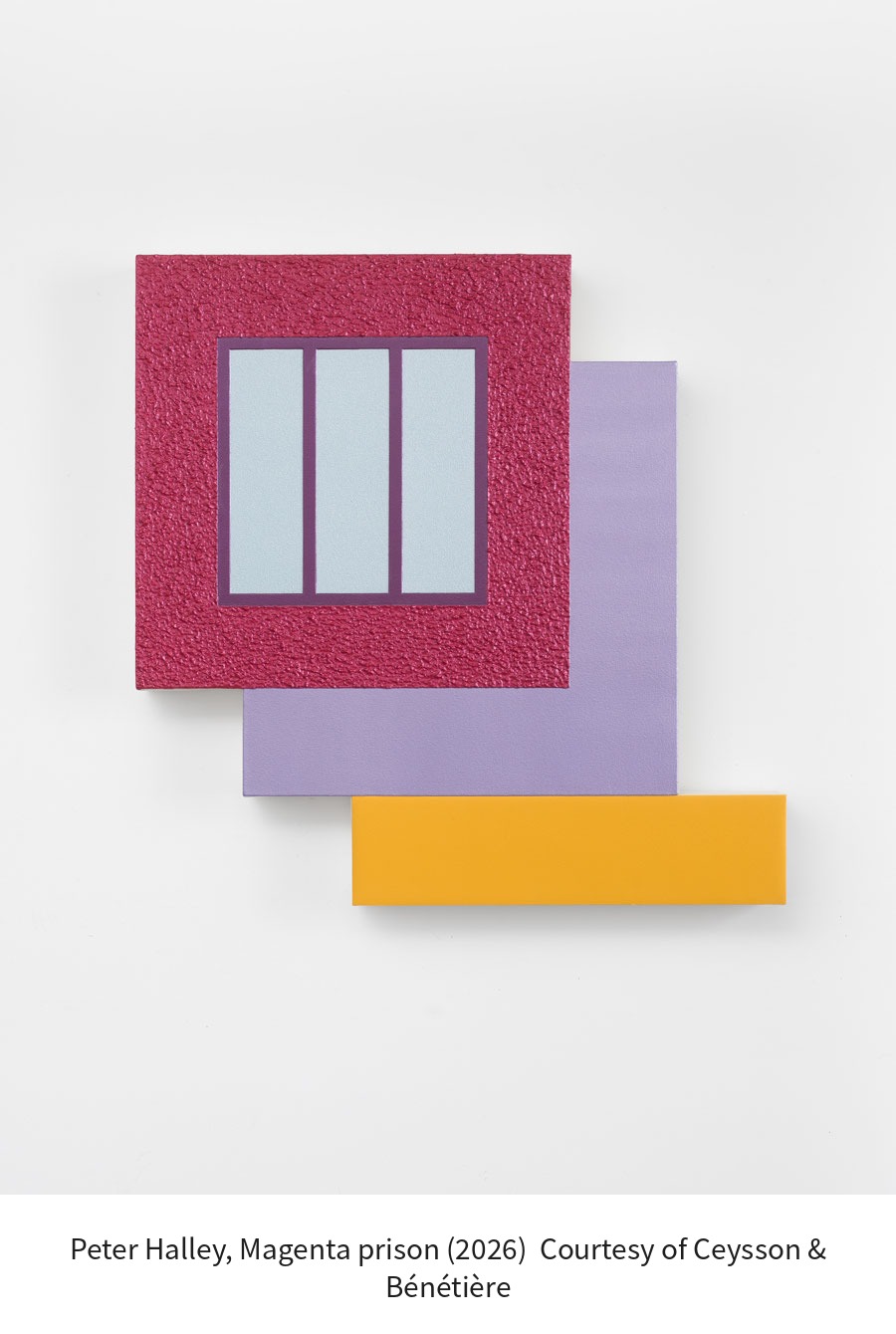 Peter-Halley_Magenta-prison_2026_Acrylic-fluorescent-acrylic-and-Roll-a-Tex-on-canvas_92×92cm_Ceysson-Benetiere_cap