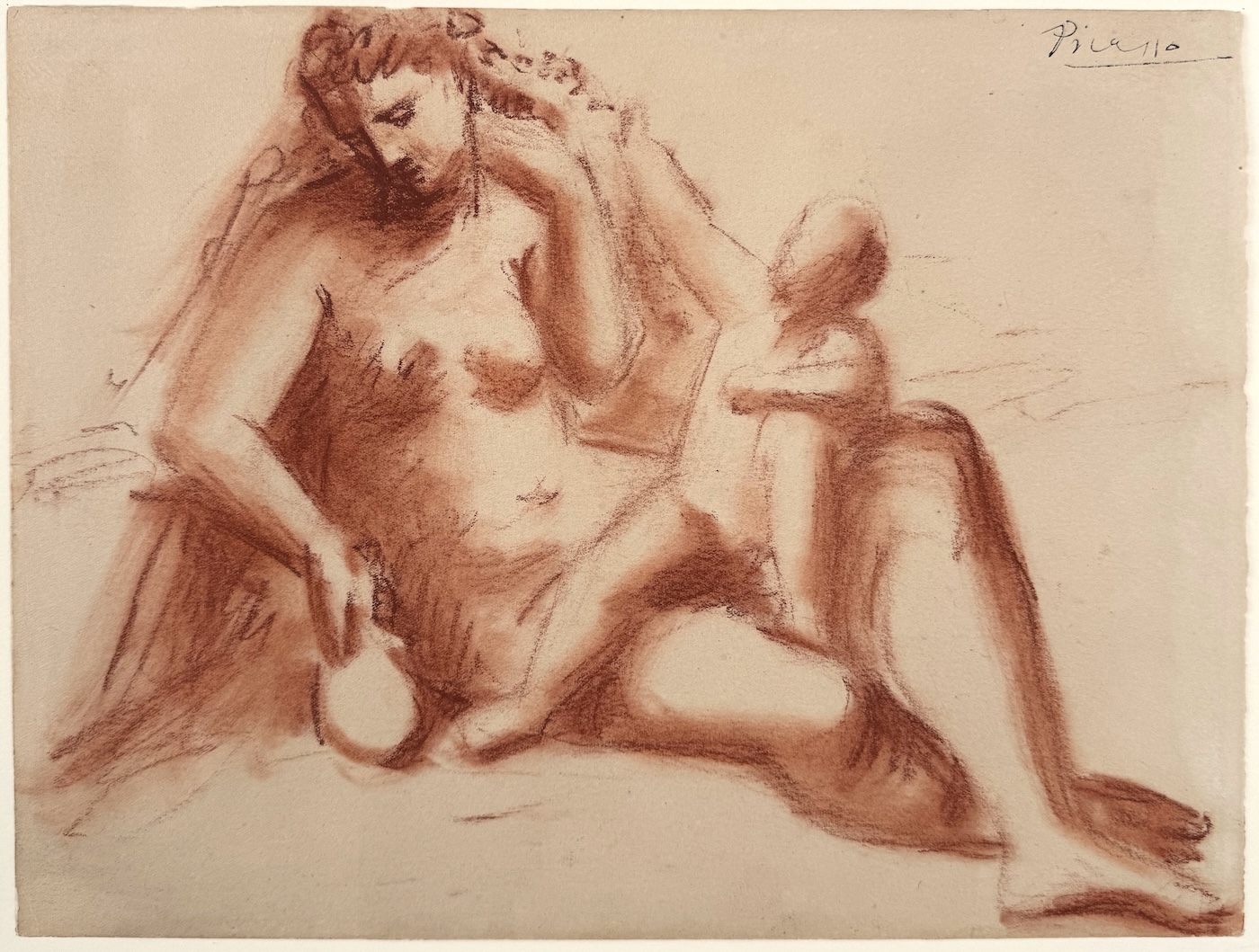 PABLO PICASSO
[Drawing] Femme et l'enfant, 1922
Red chalk drawing on wove paper with blindstamp "Montgolfier"
Signed by Picasso in ink, upper left
Sheet/Image: 9 1/4 x 12 7/16 inches
(Zervos vol. IV no.451).