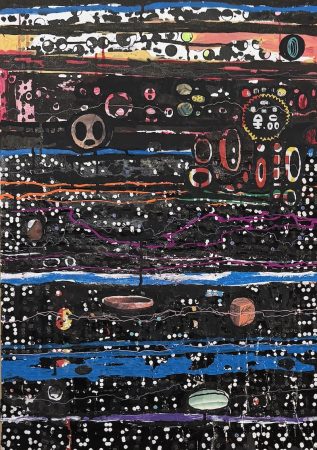 Udomsak Krisanamis 《Fire Burn》（2025）acrylic, ink and paper collage on canvas　53 x 74.5 cm © 2025 Udomsak Krisanamis / courtesy of GALLERY SIDE 2